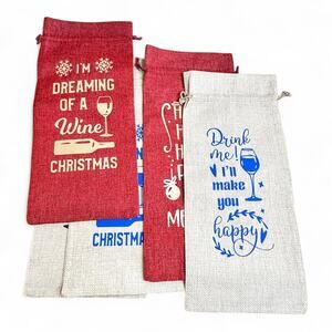 Burlap Wine Gift Bags Set of Five Christmas and Year Round Celebration